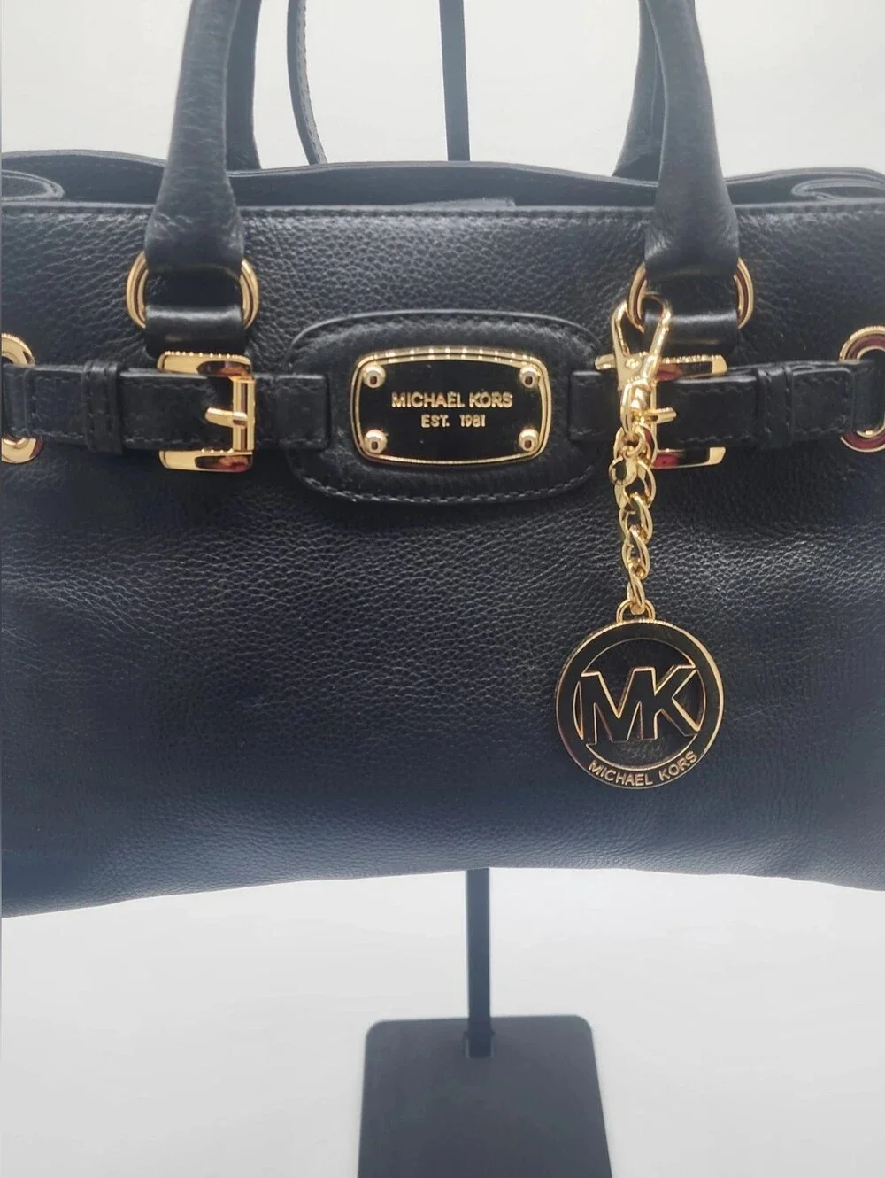 Michael Kors Hamilton Satchel Black Pebbled Leather Gold Hardware